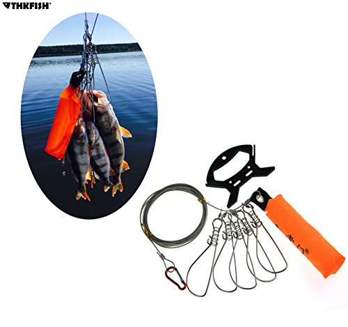 thkfish 1set 5meter 16inch Fishing Stringer Fish Lock 5 Snap Stainless Steel Ropes Float