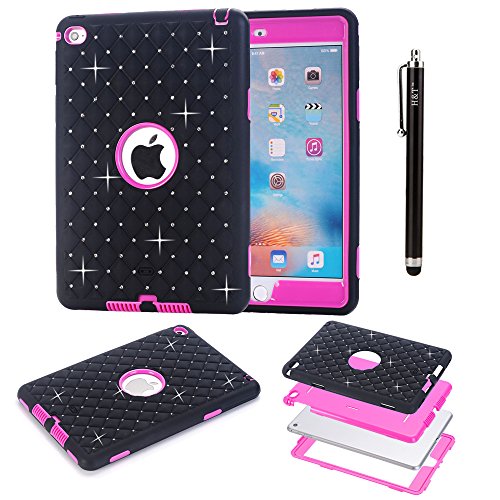 Ipad Mini 4 Case, H&T(TM) Rhinestone Crystal Bling Hybrid Armor Dual Layer of Hard PC and Soft Silicone Protective Cover Skin for Apple Ipad Mini 4 with 1 Stylus (Black+rosered)