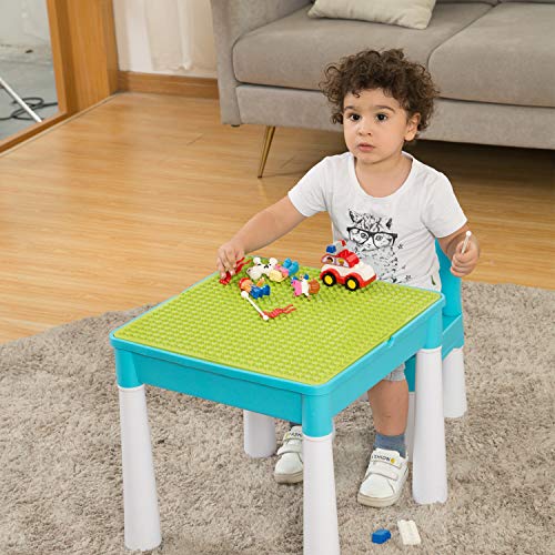 burgkidz Kids 5-in-1 Multi Activity Table Set - 500 Pieces Building Blocks Compatible Bricks Toy, Play Table Includes 1 Chair and Building Block Table with Storage, Green Baseplate Board/Blue Color