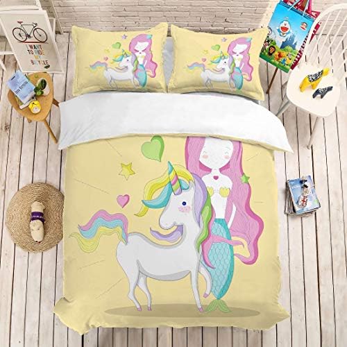 PATATINO MIO Unicorn Bedding Set Queen Size Mermaid Pink Long Hair Blue Skirt Standing with White Unicorn Yellow Duvet Cover Set for Kids Girls 3 Pieces with 2 Pillow Sham