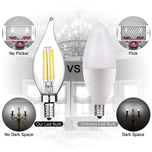 Boncoo E12 Candelabra LED Bulbs Dimmable 60W Equivalent LED Chandelier Light Bulbs 6W Daylight White 5000K 550LM CA11 Flame Tip Vintage LED Filament Candle Bulb with Decorative Candelabra Base 6 Packs - Thumbnail 5