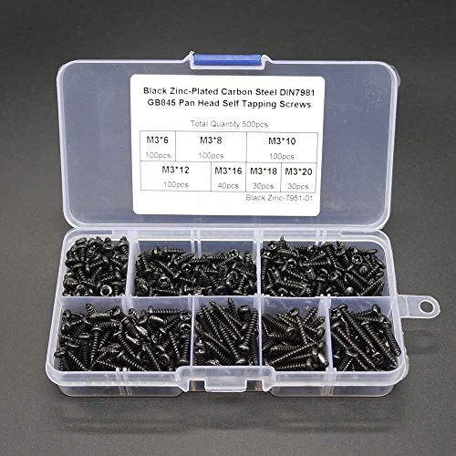 500pcs/Set M3=3MM Diameter Phillips Pan Head Screws Self Tapping Drilling Screws Assortment Kit Carbon Steel 6mm 8mm 10mm 12mm 16mm 18mm 20mm Length