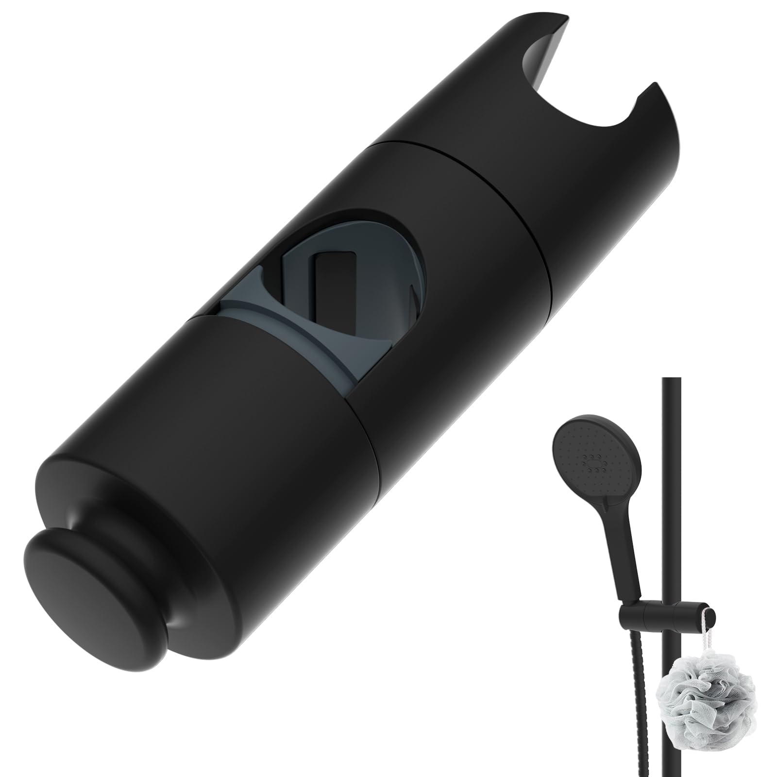 Hibbent Universal Adjustable Shower Holder with Hook - Fits 19-22mm Shower Heads & 18-25mm Rails, ABS Matte Black Slider Clamp Bracket