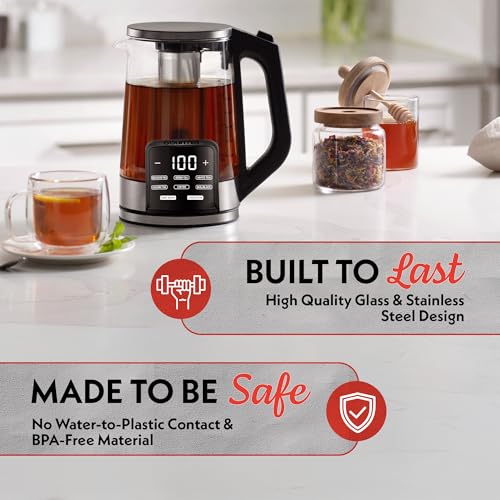 Gourmia Hervidor eléctrico de vidrio programable - Hervidor de té y café con control de temperatura de 1,7 L con pantalla táctil digital, 6 presintonías, mantiene caliente, infusor de acero inoxidable extraíble, base giratoria de 360° - Rojo