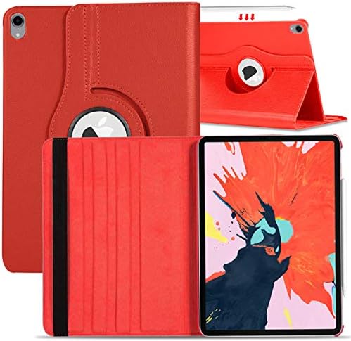 Case for iPad Pro 11 Inch (2018 Release),[Apple Pencil Charging Supported] PU Leather 360 Full Protection Auto Smart Sleep/Wake with Rotating Stand Cover, Red