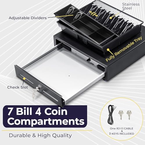 DMG Professional Cash Register with 7 Bill & 4 Coin Compartments - 3-Position Lock System, SPCC Steel & High-Strength Plastic, Removable Coin Trays & RJ11 Port for Receipt Printer