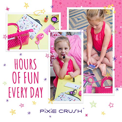 PixieCrush Deluxe Pretend Play Kid Purse Set for Girls with Handbag, Pretend Smart Phone, Keys, Pretend Makeup, Lipstick - Interactive & Educational Toy (Pink Polka Dot)