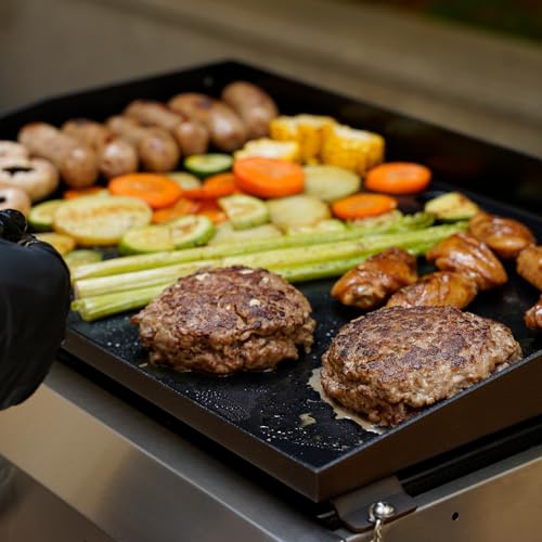 onlyfire Plancha à Gaz de Table en Inox, Barbecue Gaz avec Couvercle et 3 Brûleurs 7kW, Plancha 57x36cm avec Revêtement en Céramique Antiadhésif, Pieds Pliables pour Terrasse, Balcon et Camping