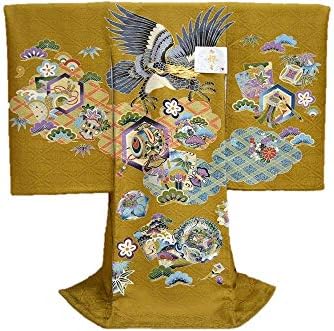 男児 プレゼント ハイクラス 金糸 B07vh9ljwf 男の子 金茶地 男の子 本染め 金糸 正絹 柄 鷹 初着 産着 お宮参り着物 家紋入れ 五ツ紋 無料 お守りフードセット 贈答用化粧箱 きもの保存用たとう紙 本染め 刺繍 Om M 664