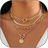 Rrdaily Gold Layered Stack Necklace Set for Women, Retro Thick Cuban Chain Coin Medallion Pendant Necklace,Paperclip Chain Heart Clasp Choker Jewelry Gift