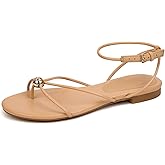BeeLg Women's Strappy Flat Sandals Dressy Summer Comfortable Round Toe Thong Sandals Flats Nude Size 8
