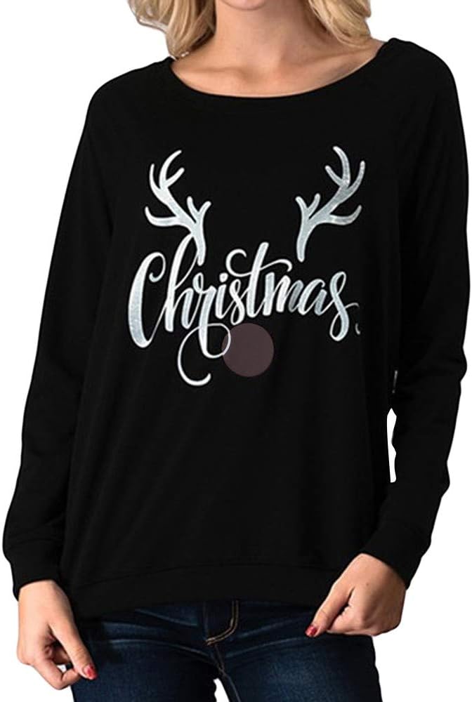 Christmas Women T-Shirt Top,Women's Long Sleeve Letter Christmas Elk Head Print Blouse