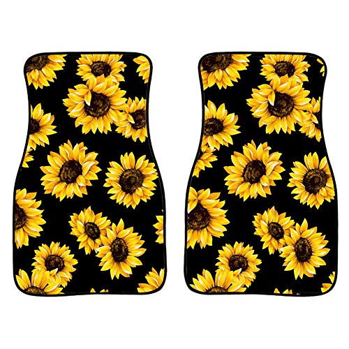 INSTANTARTS 2 Piece Vehicle Decor Helianthus Women Front Car Mats Universal Soft Fashion Floor Mat (Black)