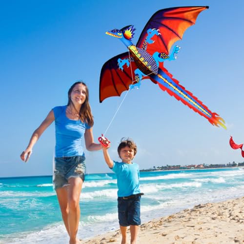 HENGDA KITE-Upgrade Classical Dragon Kite Stereoscopic Dragon Kites for Kids & Adults Easy to Fly for Beginner Easter 55inch x 62inch Single Line with Tail