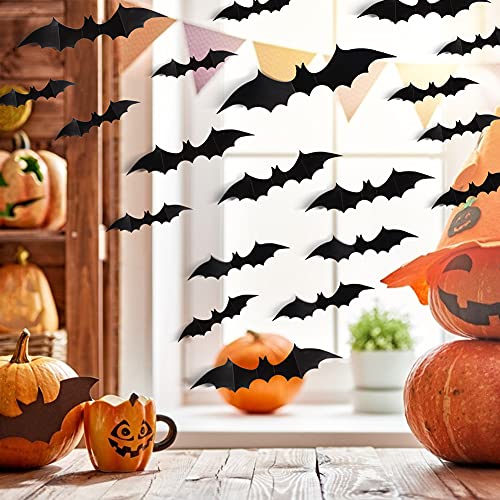 LOVEINUSA Plastic 3D Bat Decals, 120 PCS Bats Wall Decor Large Black Scary Bats Removable Bat Decoration for Indoor Outdoor Halloween Wall Decorations