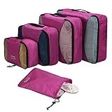 Homdox 4 Piece Set Packing Cubes with Laundry Bag (Honeycomb fabric Rose Red)