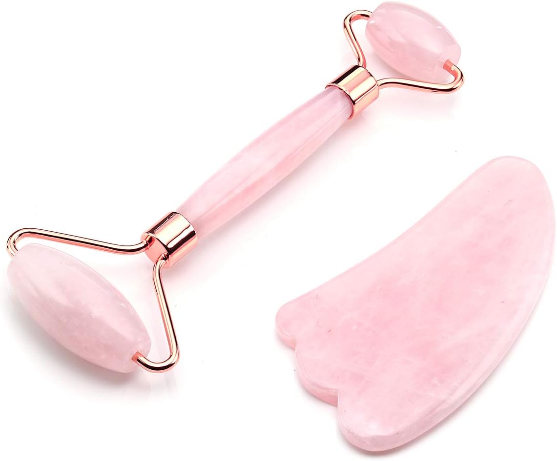 CrystalTears Kit Jade Roller and W gua Sha Scraping Tools Set Rose Quartz/Aventurine Natural Jade Massage Roller for Face Eyes Anti Aging Anti-Aging Healing with Box