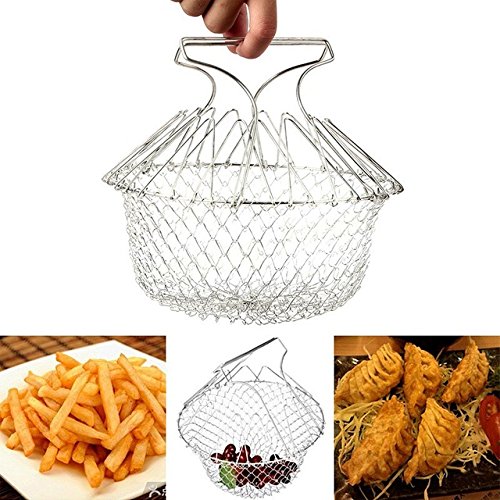 Click Here to See More Images 1PCS Foldable Steam Rinse Strain Fry French Chef Basket Magic Basket Mesh Basket Strainer Net Kitchen Cooking Tool