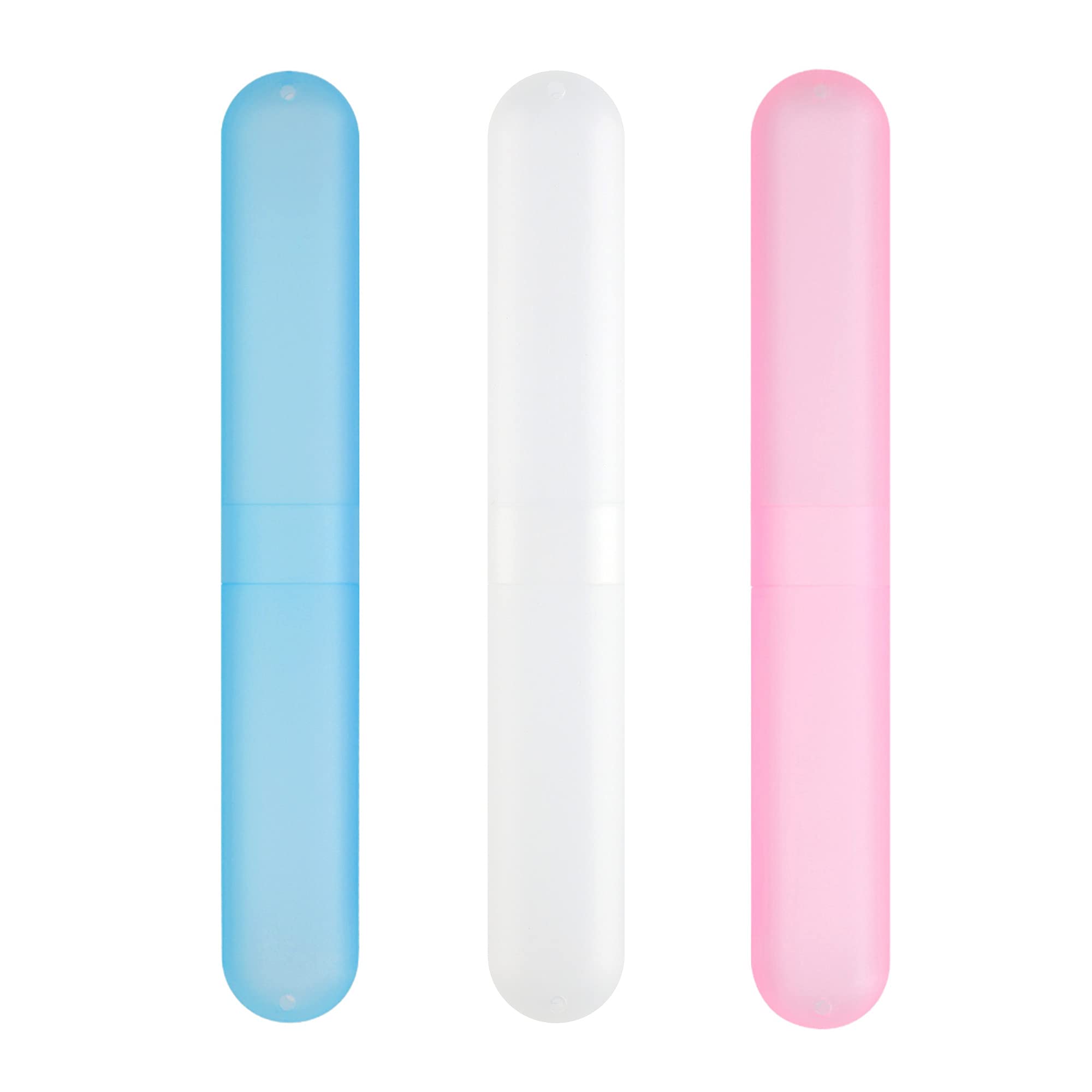 kwmobile Toothbrush Holder Travel Cases - Set of 3 Portable Plastic Tooth Brush Case Containers for Storage and Traveling - Blue/Dark Pink/White