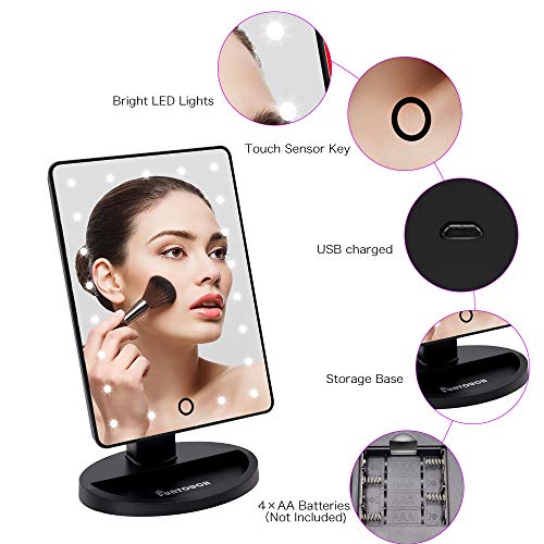 Vanity Lighted Makeup Mirror with 21 Led Lights Dual Power Supply, Cosmetic Desk Table Makeup Mirror with Detachable 10X Magnification, Touch Screen Light Adjustable Dimmable 180° Rotation(Black)