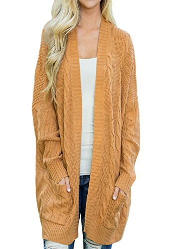 HUUSA Sexy Womens Open Front Knit Texture Long Cardigan Sweater Coat M Mustard