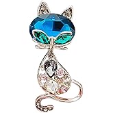 Vintage Rhinestone Cat Brooch Pin for Women Girls Fashion Cute Blue Crystal Animal Kitten Brooches Lapel Pins Dress Accessories Holiday Birthday Party Unisex Jewelry Souvenir