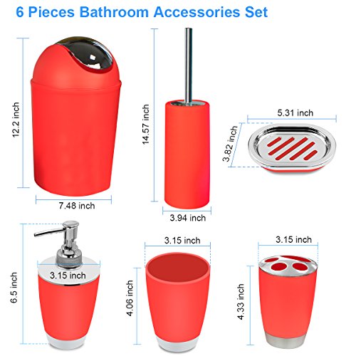 Red Bathroom Accessories Set 6 Pieces Plastic Bathroom Accessories Toothbrush Holder, Rinse Cup, Soap Dish, Hand Sanitizer Bottle, Waste Bin, Toilet Brush with Holder