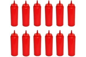 TrueCraftware-Set of 12 Squeeze Condiment Dispensing Bottles 12 oz Red- Plastic Squeeze Bottle For Sauces Spreads Ketchup Mustard Mayo Hot sauces and Olive oil