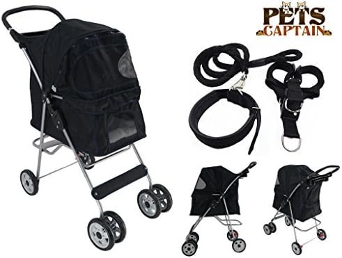 PetsCaptain Pet Stroller Cat &amp; Dog Folding Travel Carrier Carriage with Leash, Harness, and Collar Bundle (4-Wheel, Black)