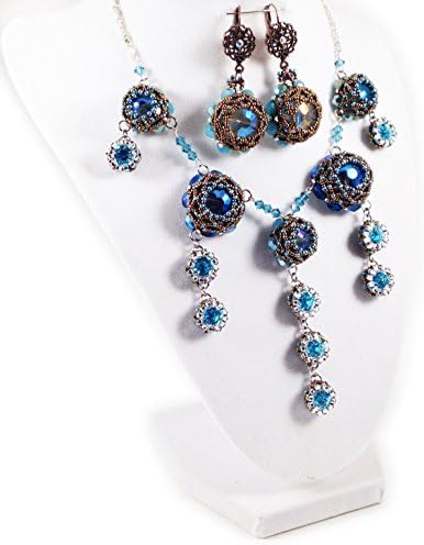 Leenou Handmade Unique Beaded Antique Jewelry Set with Necklace and Earrings with Blue Crystals for Anniversary, Gift Birthday Celebration