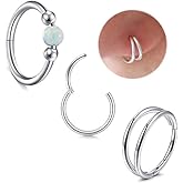 MODRSA 3pcs Silver Cartilage Earrings for Women Helix Piercing Jewelry Opal Double Hoop Earring Small Tragus Cartilage Hoop Second Hole Earrings for Women Septum Ring 18g Clicker Nose Ring Hoops 8mm