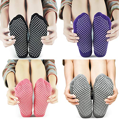 ELUTONG Pilates Yoga Non Slip Skid Socks 4 Pack Ballet Barre Sticky Grippers Socks for Women… 5-8