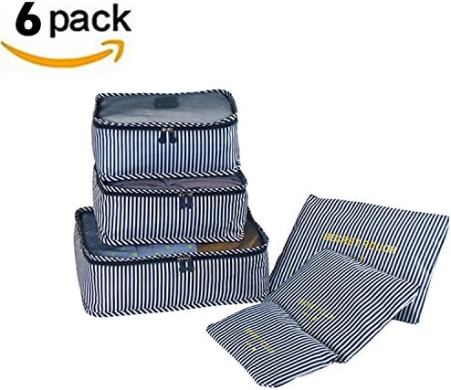 TOAO 6 Set Waterproof Travel Packing Organizer-- Durable Navy Stripe Travel Luggage Packing Cube,3 Travel Cubes + 3 Pouches
