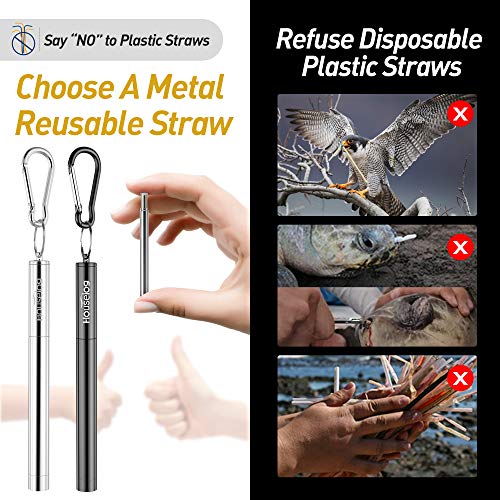 Reusable Collapsible Straws Folding Stainless Steel Metal Straw Food-Grade Drinking Straws (P-Black/Silver)