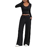 Trendy Queen Women 2 Piece Matching Lounge Sets Clothing Wide Leg Pants 2026 Y2K Sweatsuits Spring Travel Airport Outfit