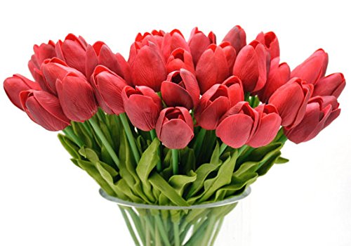 10" Mini Tulips Real Touch Latex PU Spring Flowers Home Decor, Wedding Bouquets centerpieces (24 PCS) (Red)