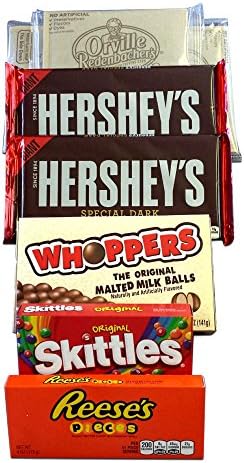 Ultimate Movie Binge Watching Survival Kit Bundle Box – 8 Item Gift Set, Popcorn (3), Giant Hersheys Dark Chocolate (2), Whoppers Original Malted Milk Balls (1), Skittles (1), Reese’s Pieces (1)