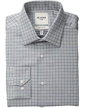 Men's Slim Fit Twill Check Spread Collar Dress Shirt