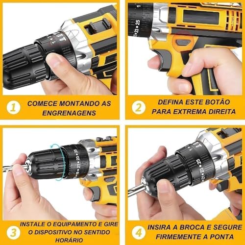 Furadeira e Parafusadeira de Impacto Sem Fio 48V Com LED, 2 Baterias Recarregáveis, Kit 32 Acessórios + Maleta Completa Premium – Alta Potência para Uso Profissional e Doméstico