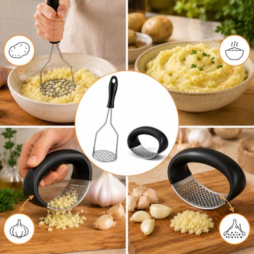 Kit Amassador de Batata + Espremedor de Alho Profissional em Aço Inox – Kit culinário premium para receitas rápidas Resistentes Fácil Limpeza Ideal para Purê Temperos e Receitas Rápidas PREMIUM