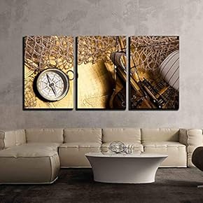 Antique Compass Over Old Map - Canvas Art Wall Art - 16"x24"x3 Panels