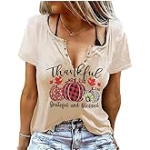 Womens Thanksgiving Shirt Leopard Pumpkin Printed Cute Graphic Tee Thankful Grateful Blessed T-Shirts Fall Top