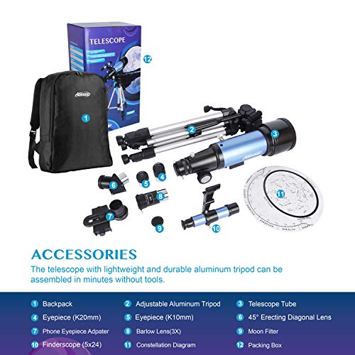 Aomekie Telescope for Adults Astronomy Beginners Kids Telescopes 70mm with 51Inch Adjustable Tripod 10X Eyepiece Phone Adapter 3X Barlow Lens and Backpack