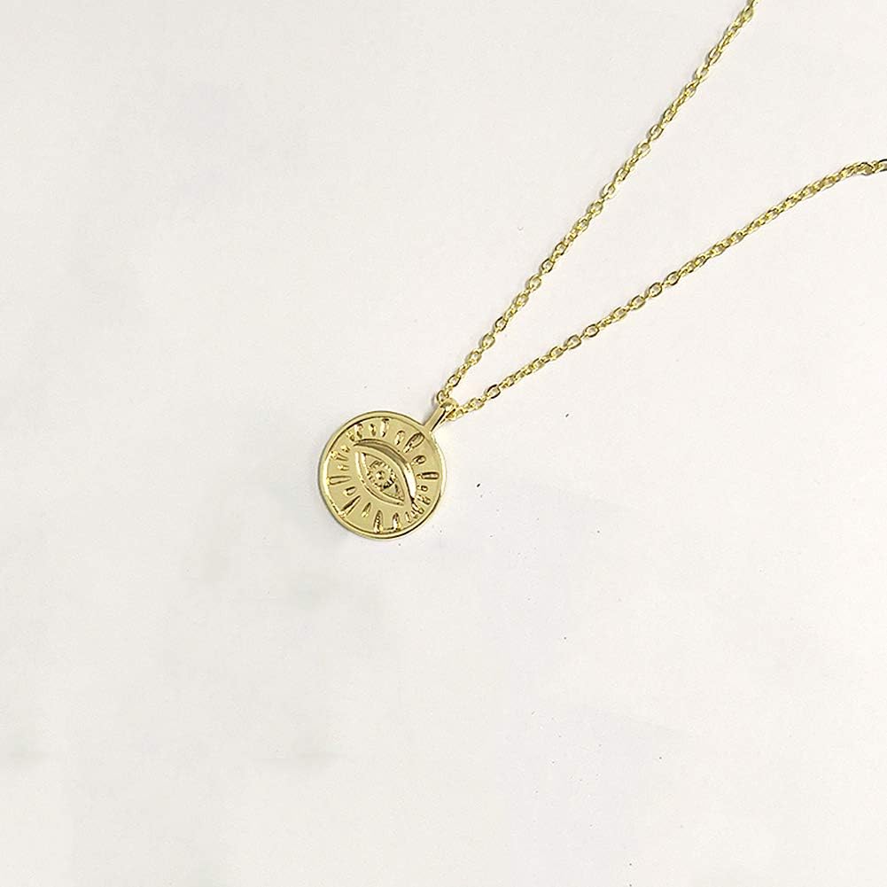 Evil Eye Pendant Necklace 14K Gold Coin Single Layer Pendant Couples Necklace Can Freely Adjust The Length of The Necklace for Unisex
