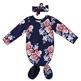 Newborn Baby Girls Sleepy Floral Striped Gown Headband Sleepwear Romper Sleeping Bags (0-3M, Blue Floral)
