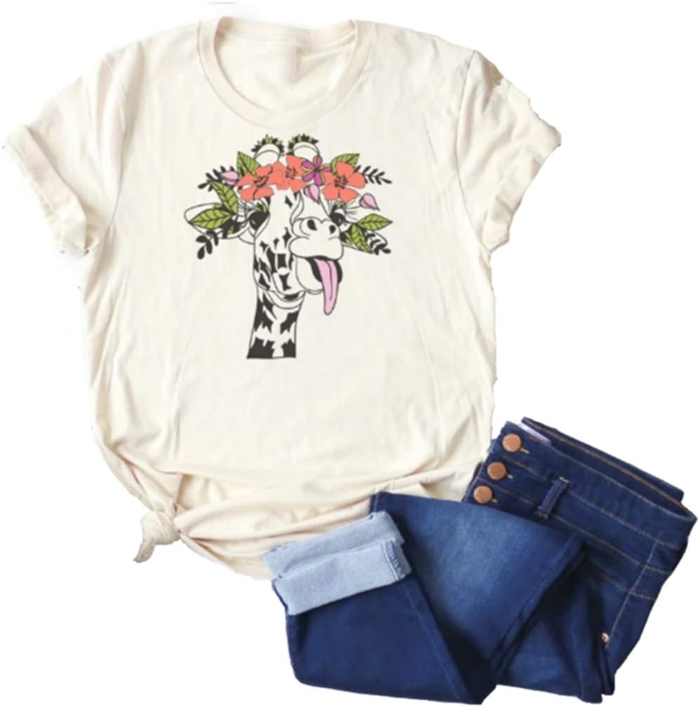 DORFALNE Womens Funny Giraffe Printed T-Shirt Summer Cute Animal Graphic Tees Tops