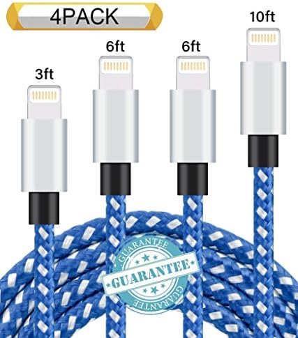 DANTENG iPhone Cable 4 Pack 3ft 6ft 6ft 10ft Nylon Braided Certified Lightning to USB iPhone Charger Cord for iPhone X 8 7 Plus 6S 6 SE 5S 5C 5, iPad 2 3 4 Mini Air Pro, iPod Nano 7 (Blue White)