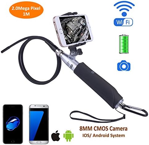 WIFI Handheld Inspection Endoscope Camera Stick with Mobile Phone Holder- 720P HD Borescope Waterproof Camera 8mm DIA with 6LEDs for iPhone 7/7Plus/6s/6/5s/5, Android Phone (1M Shapeable Rigid Cable)