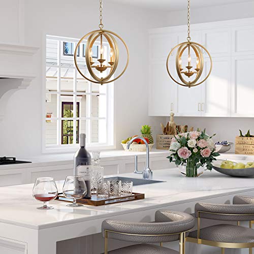 KSANA Orb Chandelier, Modern Gold Sphere Ceiling Lamp, Suspended Indoor Pendant Lights with Adjustable Chain, 3 Light Globe Pendant Lighting Fixture for Dining Room,Bedroom,Entryway,Kitchen