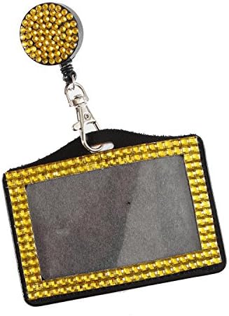 Purely Handmade Fashion Retractable Amber Bling Crystal Strap Neck Lanyard Cute Rhinestone Badge Holder,Jeweled Horizontal Business Name ID Card Holder,Beaded Badge Reel Clip